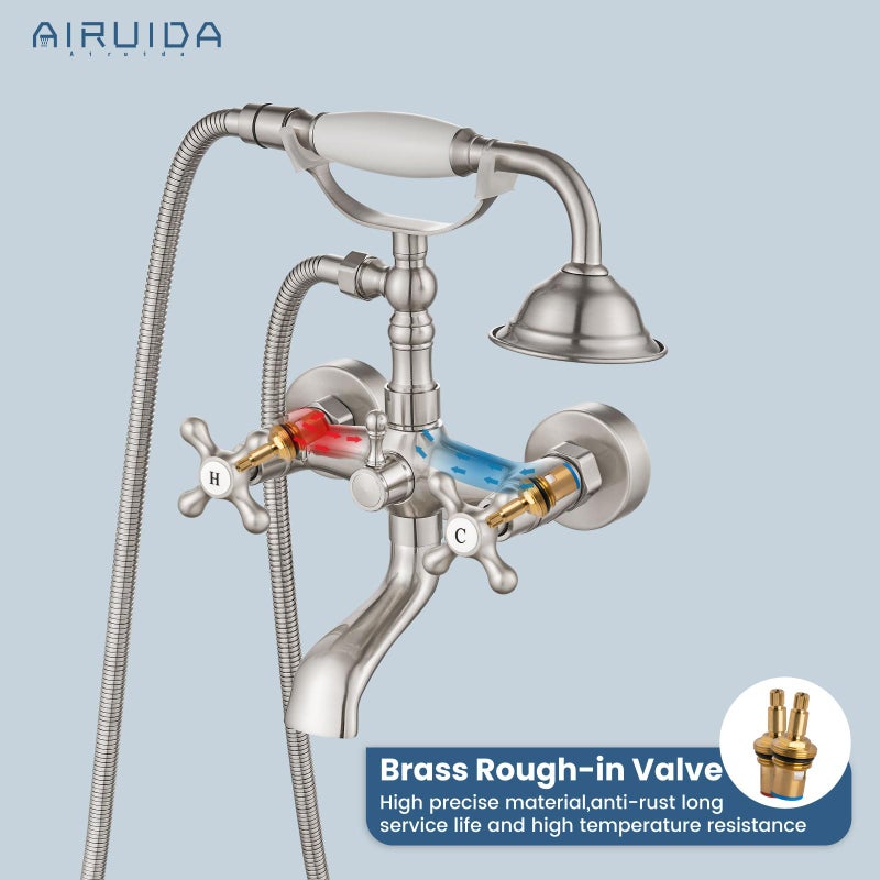 Airuida Wall Mount Bathtub Shower Faucet Kit with Telephone Shaped Handheld Sprayer Double Hot and Cold Water Mixer Tap Wall Mounted Tub Filler Set Vintage Style Cross Handles Brushed Nickel - Image 4